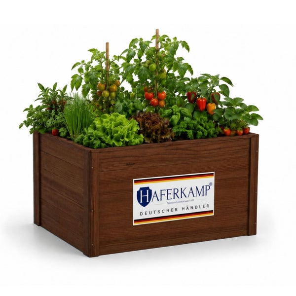 Haferkamp Hochbeet aus Holz, reich bepflanzt mit Gemüse und Kräutern wie Tomaten, Salat und Schnittlauch.
