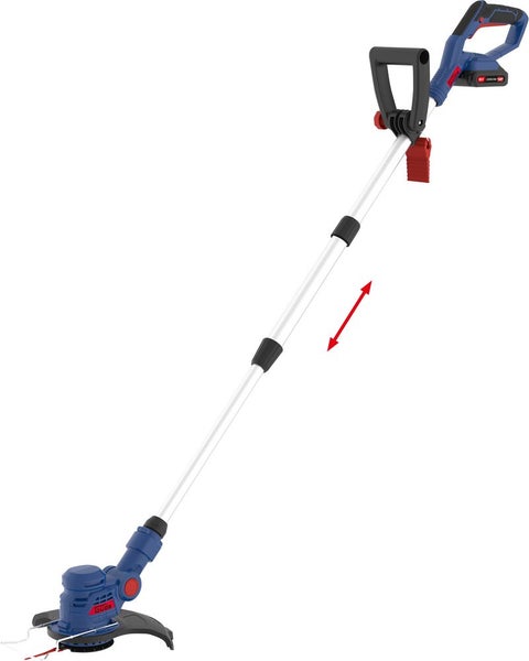 Blauer akkubetriebener Güde Rasentrimmer mit ausziehbarem Teleskopstiel und verstellbarem Zusatzhandgriff.