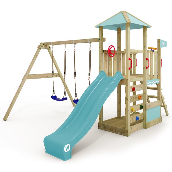 WICKEY Spielturm Klettergerüst Smart Savana mit Schaukel und Rutsche, Spielhaus mit Kletterleiter und Spiel-Zubehör – pastellblau
