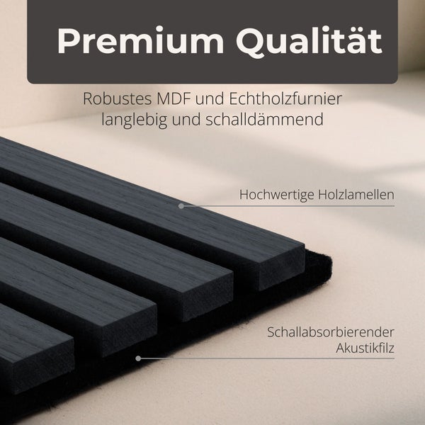 Akustikpaneel mit Holzlamellen und Echtholzfurnier auf schallabsorbierendem Akustikfilz.