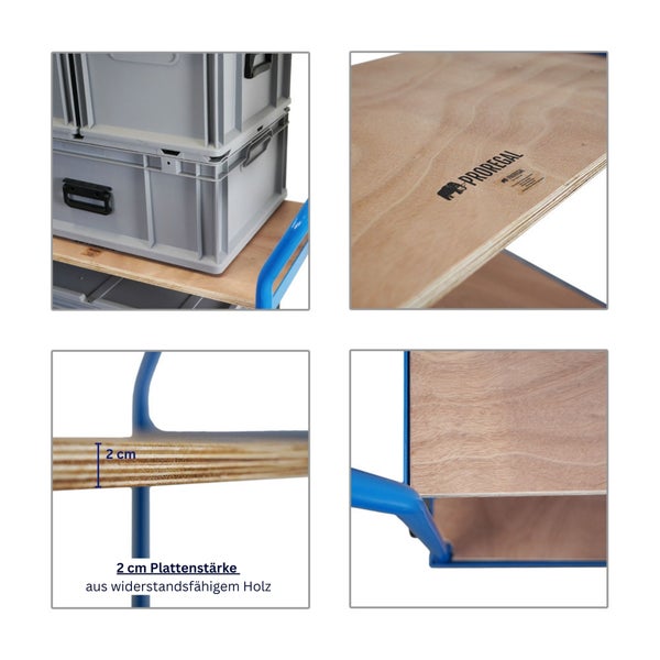 Detailansicht eines Transportwagens mit zwei grauen Lagerboxen, einer robusten Holzplatte und einem blauen Stahlrahmen; die Holzplatte ist 2 cm dick
