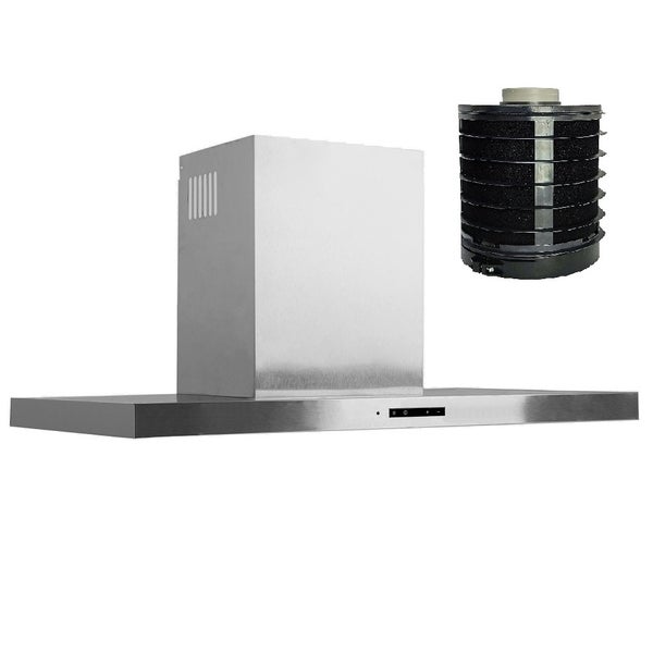 Wand-Dunstabzugshaube aus Edelstahl inklusive rundem Aktivkohlefilter.