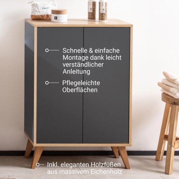 FACKELMANN FINN Badmöbel Set 2 Teile / Doppel-Midischrank mit Push-to-Open fürs Bad / 4 Holzfüße / Badschrank mit 2 Türen / Korpus & Front: Schwarz / Rahmendekor & Füße: Braun hell / Breite: 60 cm