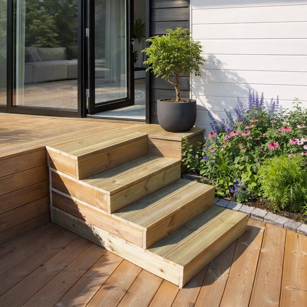 Holzterrasse mit Außentreppe, Pflanze im Topf und Blumenbeet
