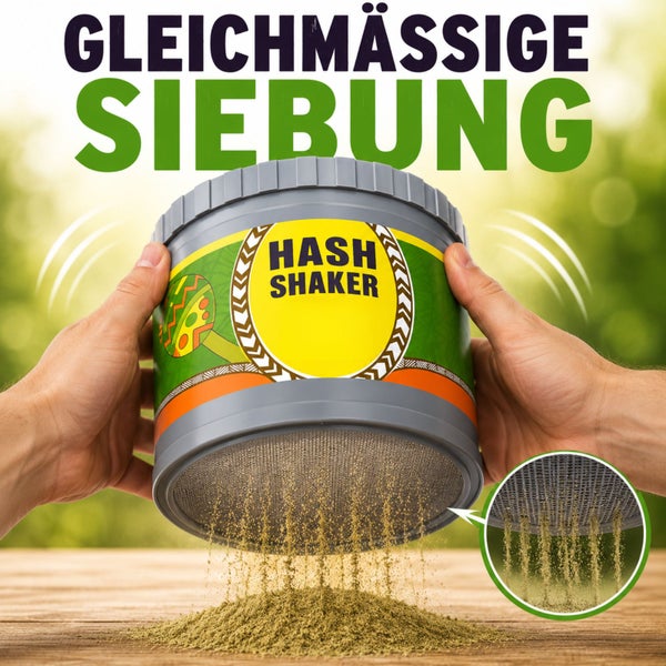 Hände schütteln einen grauen Hash Shaker Behälter, um feines Material gleichmäßig durch den Siebboden zu sieben.