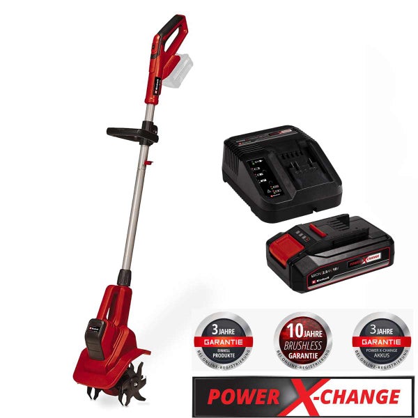 Einhell Akku Bodenhacke mit Ladegerät und Akku inklusive Herstellergarantie Logos und Power X-Change Logo