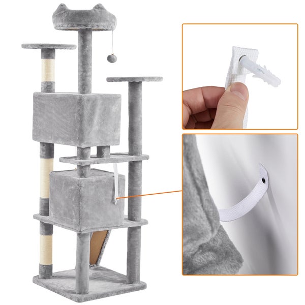 Grauer Katzenkratzbaum mit mehreren Ebenen und Befestigungsdetails für die Wand