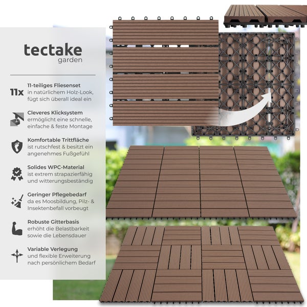 Terrassenfliesen tectake Tegulas 31 x 31 x 2,2 cm 11er Set im Klicksystem braun