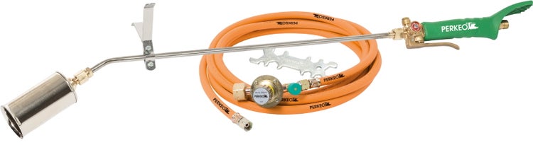 Perkeo Propan-Abflammgerät-Set mit Brennerkopf, Verlängerungsrohr, Handgriff, Gasschlauch, Druckregler und Mehrfachschlüssel.