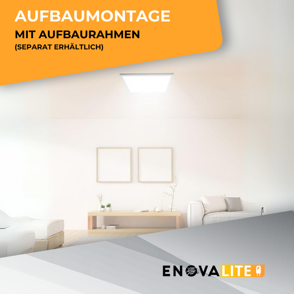 LED Panel Deckenleuchte montiert mit separat erhaeltlichem Aufbaurahmen in einem modern eingerichteten Wohnzimmer Enovalite Logo.