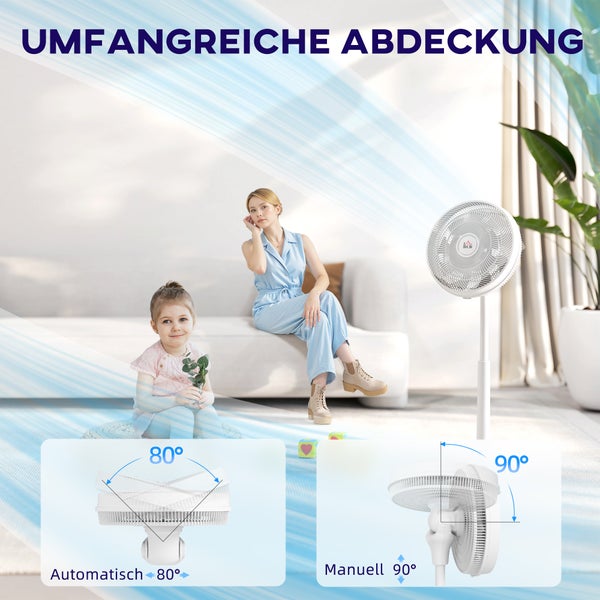 HOMCOM Standventilator leise mit Fernbedienung, Ventilator mit 12 Geschwindigkeitsstufen, Timer, Neigung & Oszillation einstellbar, Schlafmodi, Weiß