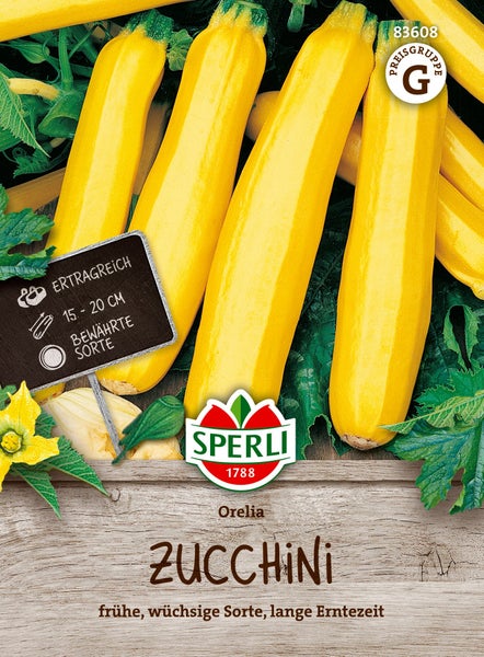 Sperli Zucchini Orelia Saatgut Packung mit abgebildeten gelben Zucchini Früchten und Informationen zu Ertrag und Fruchtgröße