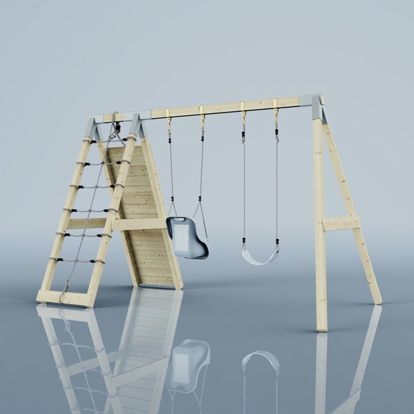 Schaukel- und Klettergerüst aus Holz mit zwei Schaukeln, einer Kletterwand und einer Strickleiter.