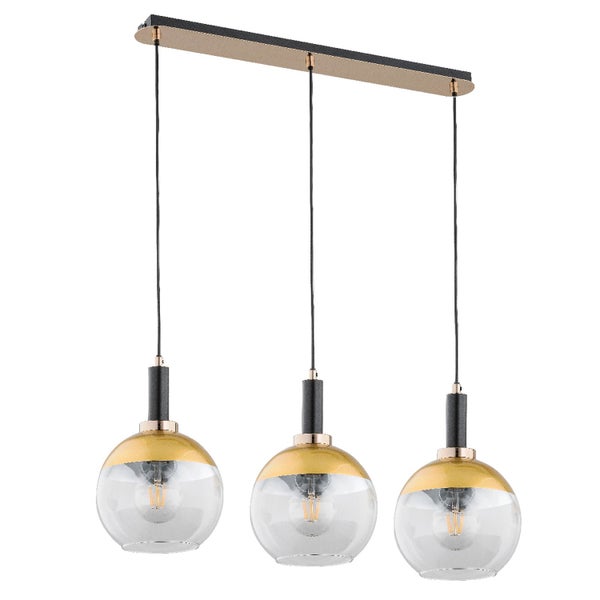 Moderne dreiflammige Pendelleuchte mit Glaskugeln und Metallakzenten für eine stilvolle Innenbeleuchtung.