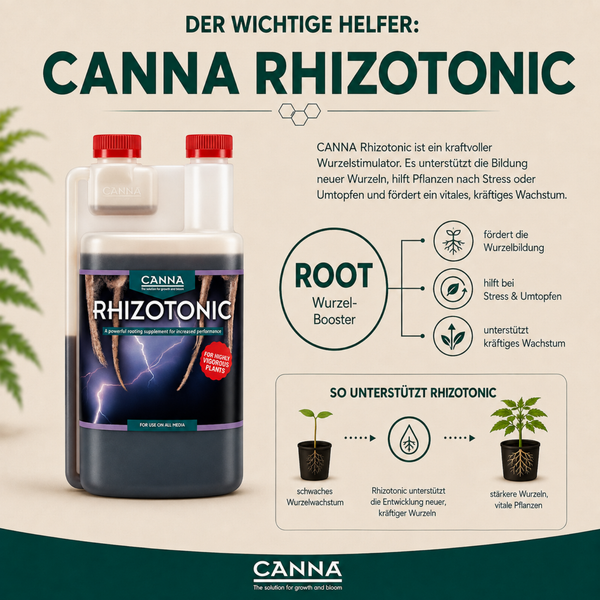 Infografik zu Canna Rhizotonic Wurzelstimulator mit Produktabbildung, Wirkungsweise und Anwendungshinweisen für gesundes Pflanzenwachstum.
