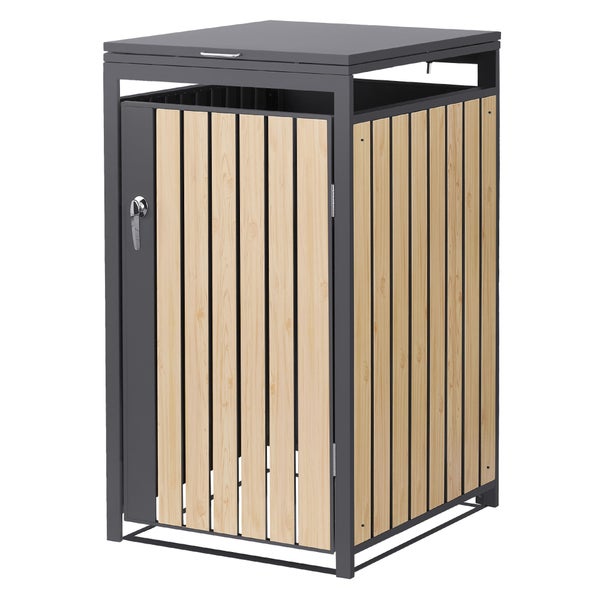 Anthrazitfarbene Mülltonnenbox aus Metall und hellem Holz für eine Tonne, mit Klappdeckel und abschließbarer Tür.