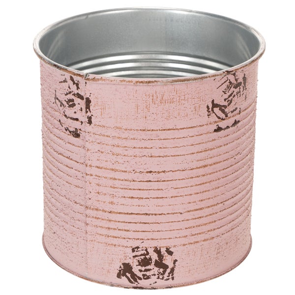 Rosa Vintage-Übertopf aus Metall in Dosenform mit Rillenstruktur und antikem Finish.