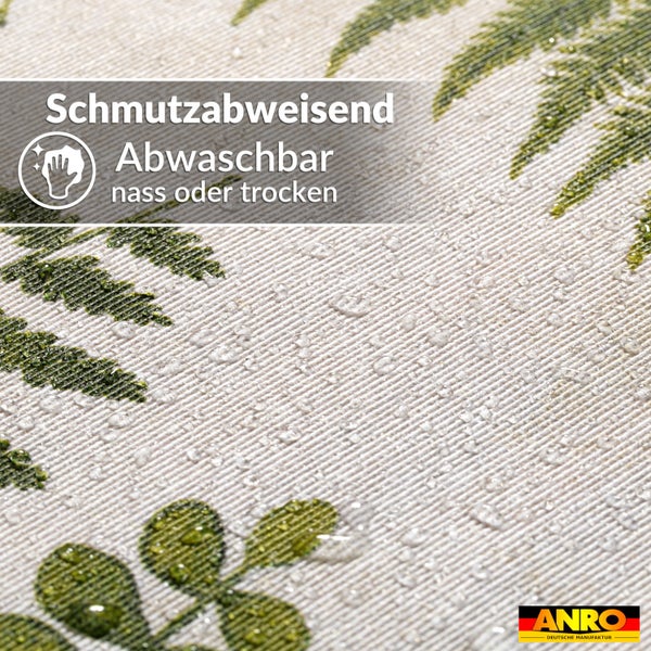Schmutzabweisender und abwaschbarer Stoff mit Blattmuster, nass oder trocken abwischbar. ANRO Logo.