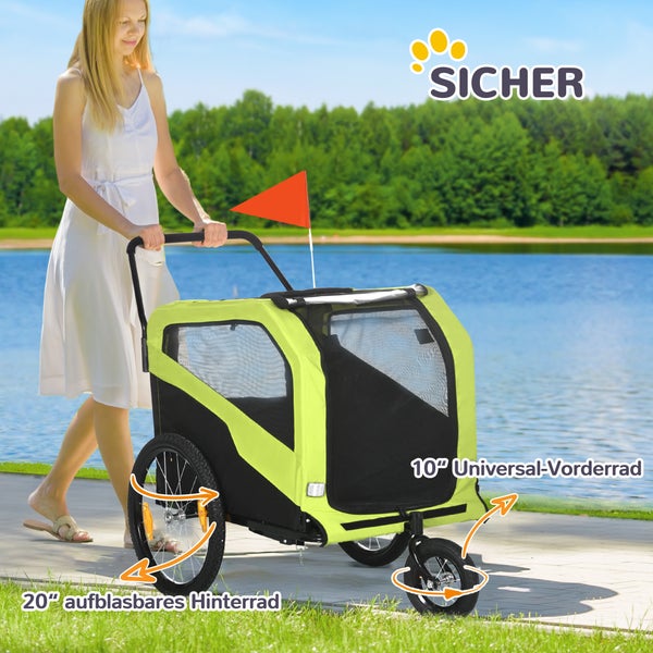 PawHut 2-in-1 Hundeanhänger, Fahrradanhänger für Hunde, Hundewagen mit Reflektoren, Hundebuggy max. 30 kg, Hundefahrradanhänger für Große Hunde, Oxford-Gewebe, Grün