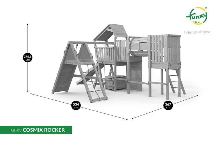 Spielturm Funky COSMIX ROCKER aus Holz mit Rutsche, Schaukel und Kletterwand. Maße: 276,5 Zentimeter hoch, 534 Zentimeter breit, 367 Zentimeter tief.