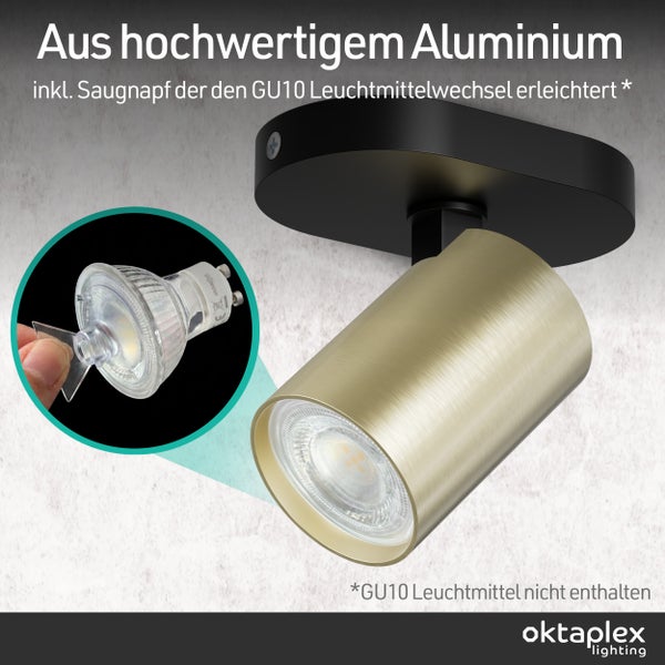 Oktaplex Lighting Deckenstrahler aus Aluminium mit verstellbarem Spot und Saugnapf für den GU10-Leuchtmittelwechsel.