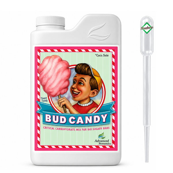 Bud Candy Pflanzendünger in weißer Flasche mit beiliegender Pipette zur Nährstoffversorgung.