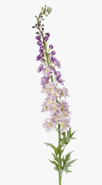 Künstlicher Rittersporn in Violett mit grünem Stiel und Blättern.