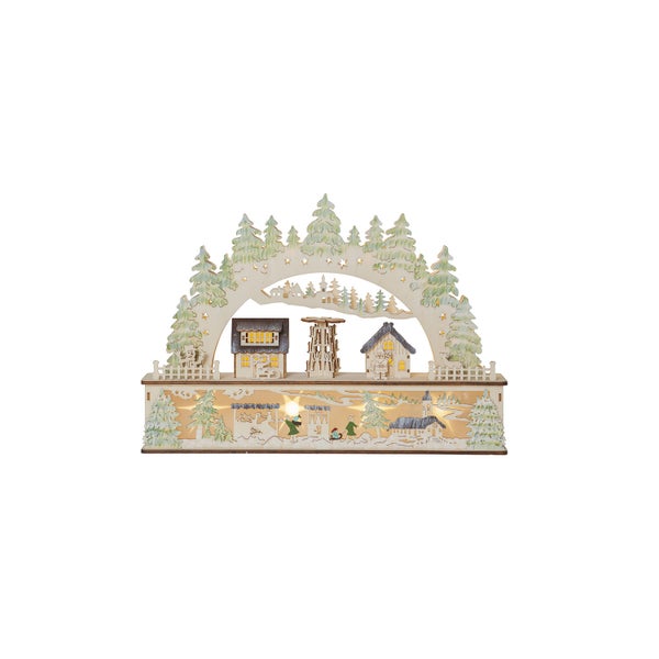 Dekorative Lichterbogen-Szene mit Häusern, Bäumen und Winterfiguren