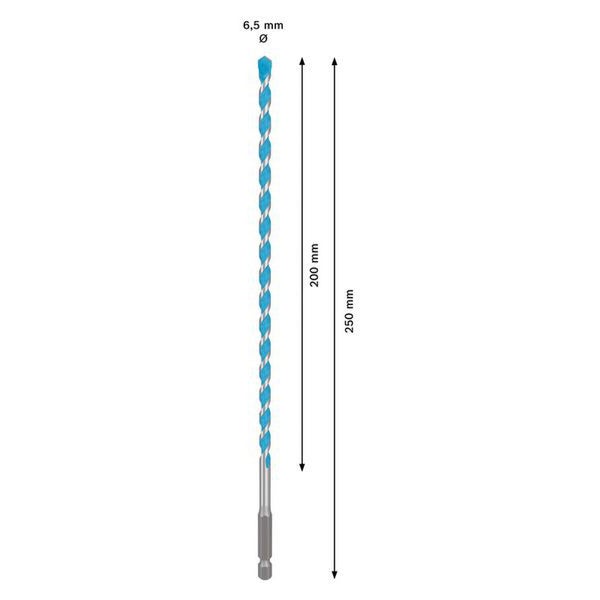 Mehrzweckbohrer mit 6,5 Millimeter Durchmesser, 200 Millimeter Arbeitslänge und 250 Millimeter Gesamtlänge.