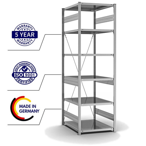 PROREGAL Fachbodenregal Stecksystem T-Profil Medium-Duty Grundregal HxBxT 250 x 75 x 80 cm 6 Ebenen Fachlast 230 kg Einseitig Nutzbar Verzinkt