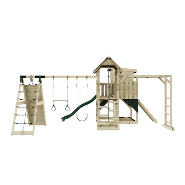 Spielplatzanlage aus Holz mit Schaukel, Rutsche, Kletterwand und Spielhaus