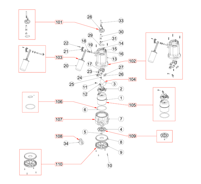 Explosionszeichnung einer Pumpe mit nummerierten Einzelteilen