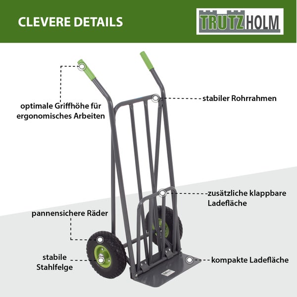 Trutzholm Sackkarre mit pannensicheren Reifen, klappbarer Ladefläche und stabilem Stahlrohrrahmen.
