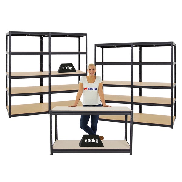PROREGAL Mega Deal 4x Schwerlastregal Slim Elephant M HxBxT 180 x 90 x 60 cm & 1x Höhenverstellbare Werkbank Big Dino HxBxT 90 x 160 x 60 cm Schwarz