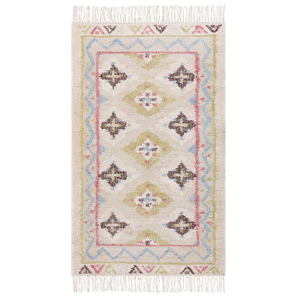 Rechteckiger Kelim-Teppich in Beige mit buntem geometrischem Rautenmuster und Fransen.