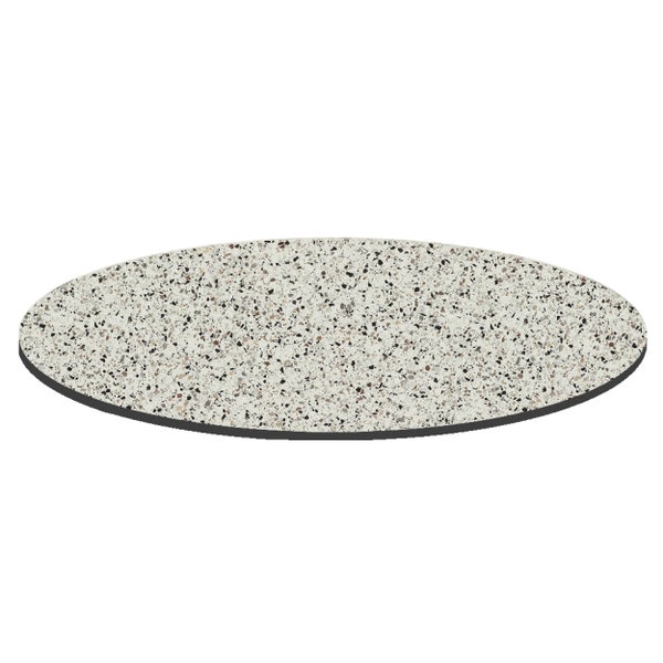 Runde Tischplatte in grauer Terrazzo-Optik.