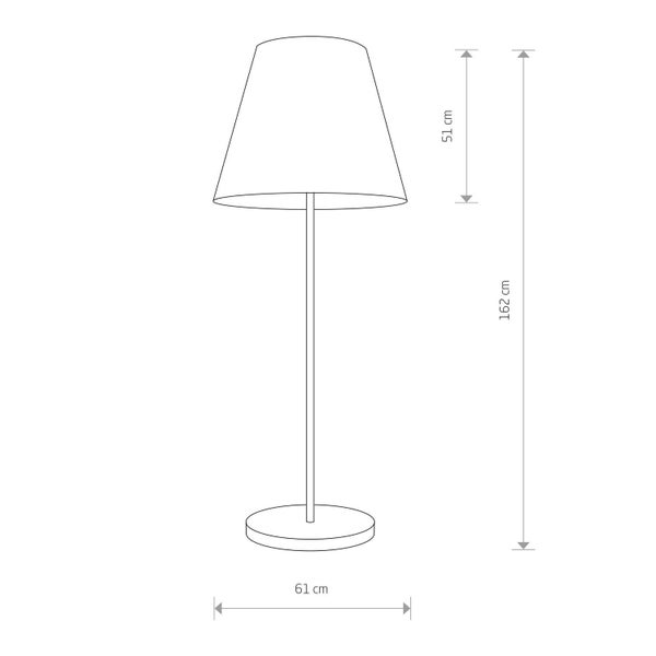 Maßzeichnung einer Stehlampe mit Gesamthöhe 162 Zentimeter, Schirmhöhe 51 Zentimeter und Fußbreite 61 Zentimeter.