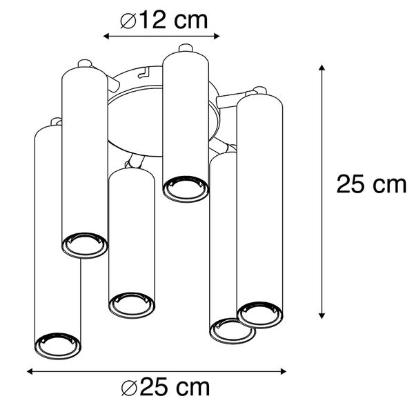 Technische Zeichnung einer Deckenleuchte mit zylindrischen Lampenschirmen und Maßangaben.