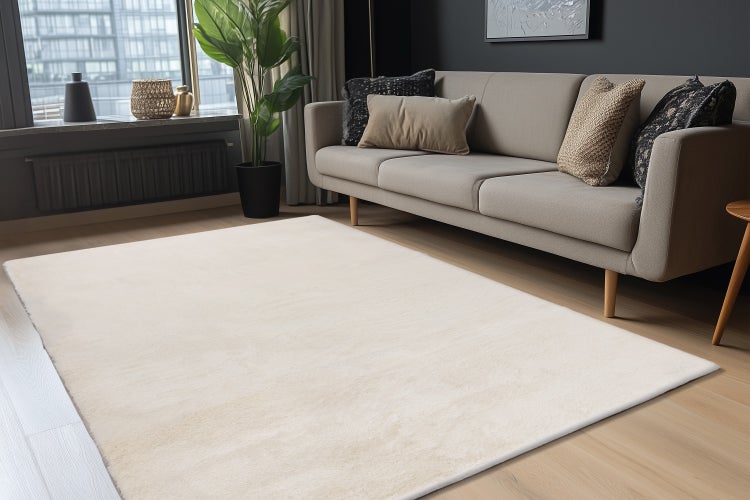 Wohnzimmer mit hellem Teppich auf Holzboden, Sofa mit Zierkissen und Zimmerpflanze in modernem Interieur.