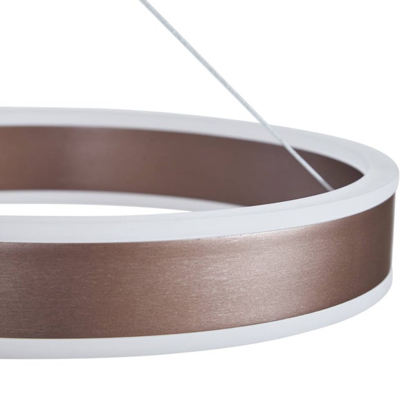 Detailansicht eines kreisförmigen LED-Pendelleuchten-Rings mit metallischer Oberfläche, weißen Diffusoren und Aufhängungsdraht.