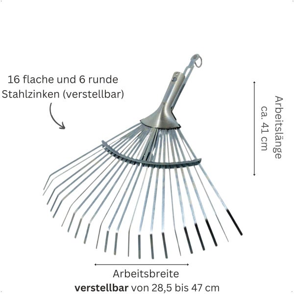 Verstellbarer Laubbesen mit 16 flachen und 6 runden Stahlzinken, Arbeitsbreite von 28,5 bis 47 Zentimeter, Arbeitslänge circa 41 Zentimeter.