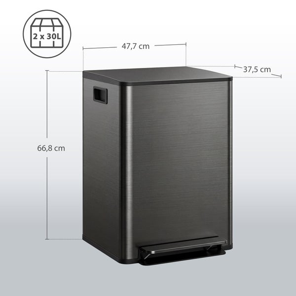 Treteimer zur Mülltrennung aus dunklem Edelstahl, zwei mal 30 Liter. Maße: 47,7 mal 37,5 mal 66,8 Zentimeter.