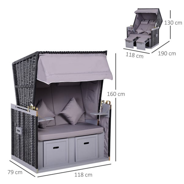 Outsunny Strandkorb Volllieger Doppelte Sonnenliege mit Dach Gartenliege Getränkehalter Chaiselounge PE Rattan Grau 118 x 79 x 50 cm
