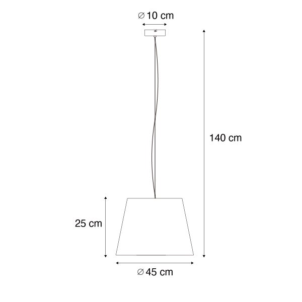 Technische Zeichnung einer Pendelleuchte mit den Maßen Durchmesser zehn Zentimeter für die Deckenbefestigung, Lampenschirmhöhe 25 Zentimeter, Lampenschirmdurchmesser 45 Zentimeter und einer Kabellänge von 140 Zentimetern.