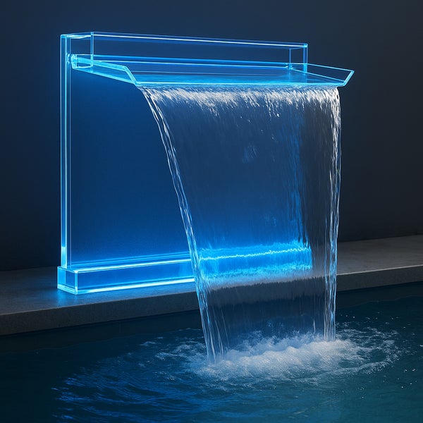 Moderner Pool-Wasserfall aus Acryl mit LED-Beleuchtung, erzeugt einen breiten Wasserschwall, der in ein Schwimmbecken fließt.