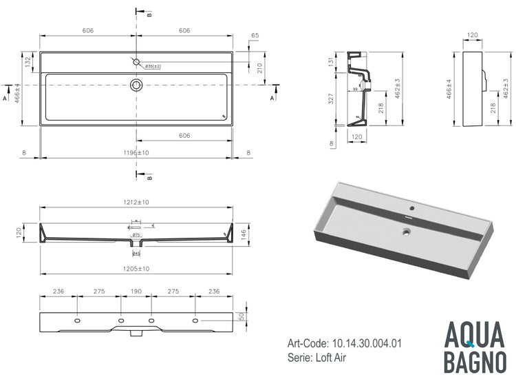 Maßzeichnung und 3D-Ansicht des rechteckigen Aqua Bagno Loft Air Waschbeckens mit detaillierten Abmessungen in Millimetern.