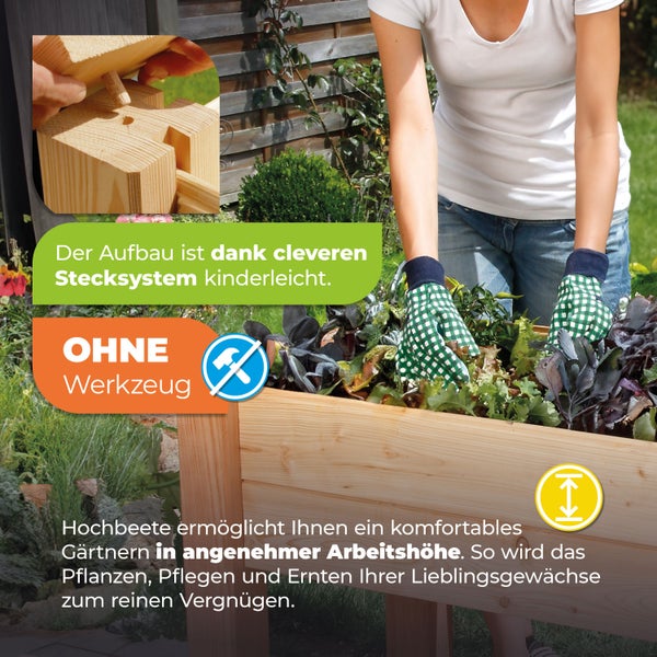 Hochbeet aus Holz mit einfachem Stecksystem für die werkzeuglose Montage und ergonomischer Arbeitshöhe beim Gärtnern.