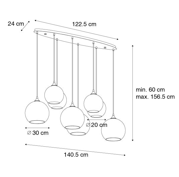 Abbildung einer Pendelleuchte mit fünf Lampen und Maßangaben