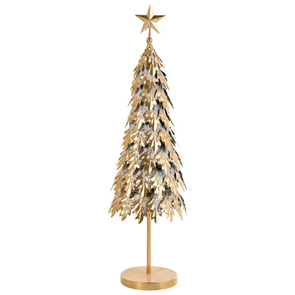 Dekorativer Weihnachtsbaum aus Metall mit Blättern und Sternspitze als Tischdekoration