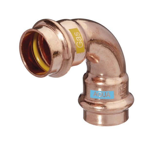 Pressfitting-Bogen 90 Grad aus Kupfer für Gas- und Wasserinstallationen mit gelbem Dichtring.